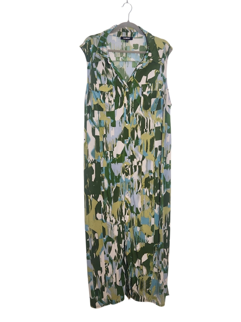 Glamour Green and Gray Abstract Print Midi Shirt Dress with Sash Size 22W